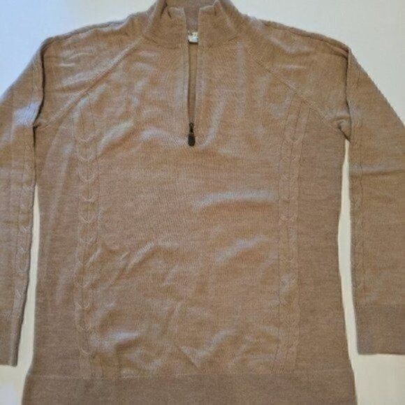 Orvis Men Sweater Medium 100% Merino Wool 1/4 Zip Tan Pullover Cable Knit Soft - Picture 2 of 9